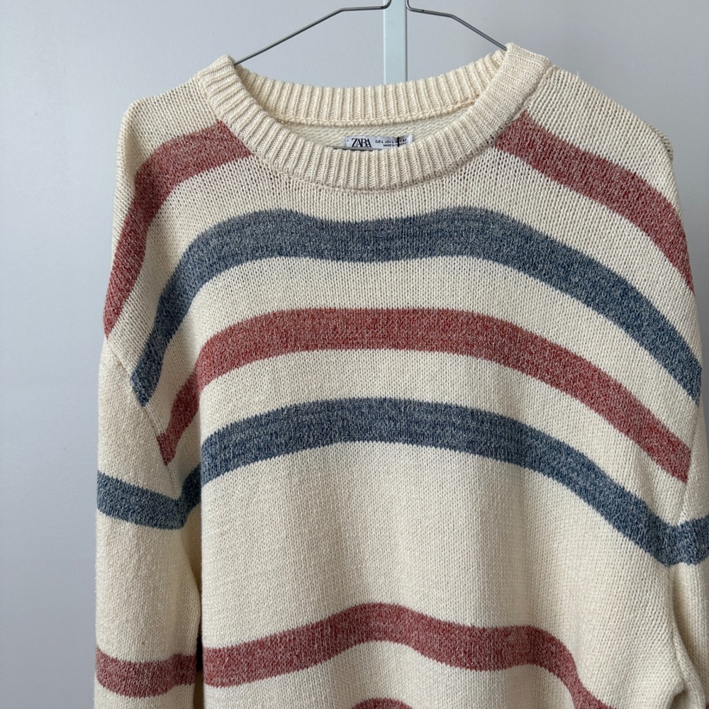 Zara sz L Mens Striped Knit Sweater Cream Blue Red Tennis‎ Prep Minimalst NWT - Picture 2 of 9